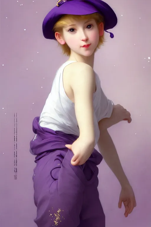 Image similar to Full View girl with short blond hair wearing an oversized purple Beret, Baggy Purple overall shorts, Short Puffy pants made of silk, silk shoes, a big billowy scarf, Golden Ribbon, and white leggings Covered in stars. Short Hair. masterpiece 4k digital illustration by Ruan Jia and Mandy Jurgens and Artgerm and william-adolphe bouguereau, award winning, Artstation, art nouveau aesthetic, Alphonse Mucha background, intricate details, realistic, panoramic view, Hyperdetailed, 8k resolution, intricate art nouveau