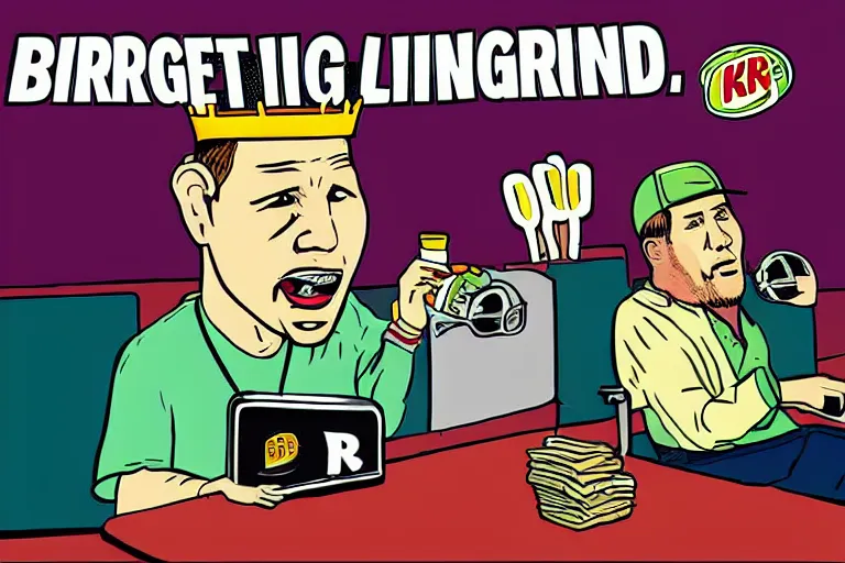 Image similar to Tim Dillon working at Burger King because he lost all of his money leverage trading bitcoin, mike judge art style, 90s mtv illustration