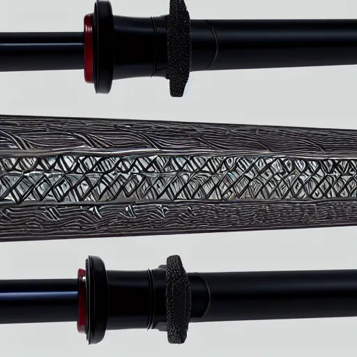 Image similar to Katana with its only water Blade entirety out of flowing water reflecting all light and its handle made out of steel with ancient patterns, Raytracing, white background with shadows, 40nm lens, full katana, zoomed out, high fov, full katana in vision, in vision,