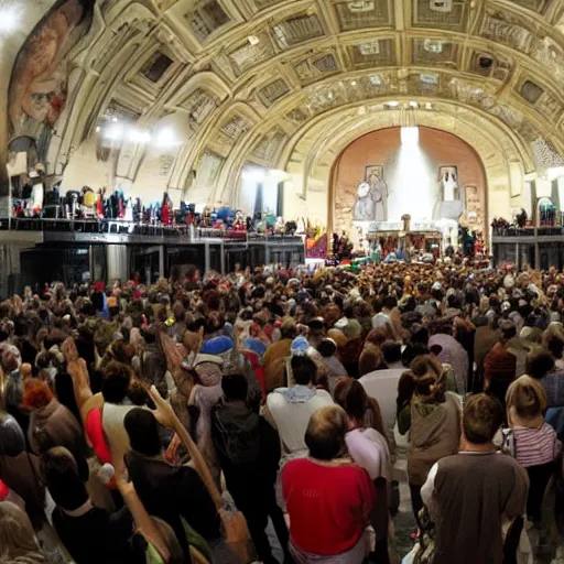 Image similar to crowd of people worshipping the flying spaghetti monster