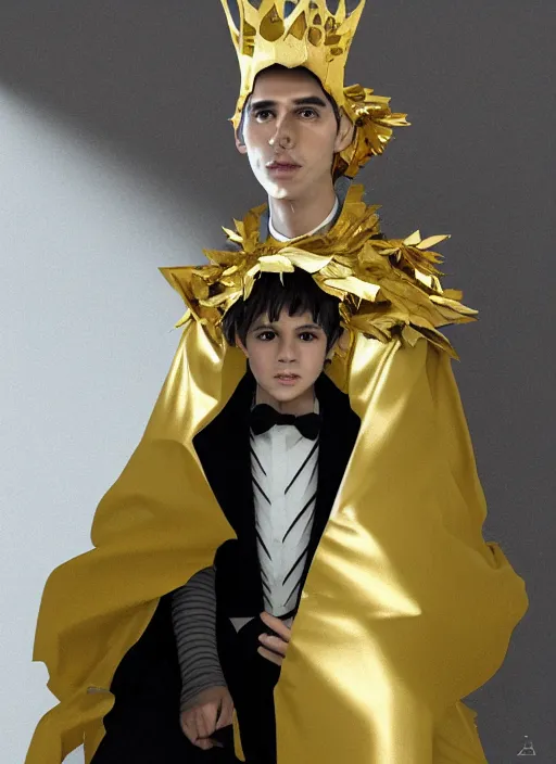 Prompt: young Camilo as a paper man wearing a golden crown and a black tissue paper prince tuxedo by Prada. ethereal, fantasy, Lawrence Alma-Tadema, James Jean, oozium, peter morbacher, angelarium, alchemy, luxury, heavenly light, Soft illumination, Trending on artstation, Cinematic Lighting, very detailed, 3D, octane render, artgerm