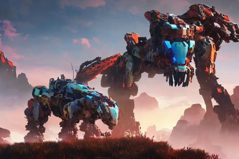 Image similar to behemoth machine mecha animal beast robot of horizon forbidden west horizon zero dawn bioluminiscence global illumination ray tracing hdr fanart arstation by sung choi and eric pfeiffer and gabriel garza and casper konefal