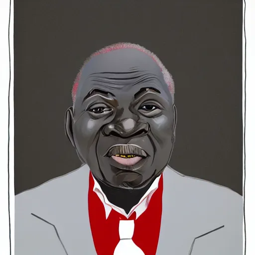 Image similar to a fatherly, aquiline nose, wide forehead, round face, XXL , loving, caring, generous, ever-present, humble, wise elder from Kenya with a friendly expression in a grey suit and red tie painted by Kara Walker . Fatherly/daddy, focused, loving, leader, relaxed,. ethereal lights, details, smooth, sharp focus, illustration, realistic, cinematic, artstation, award winning, rgb , unreal engine, octane render, cinematic light, macro, depth of field, blur, red light and clouds from the back, highly detailed epic cinematic concept art CG render made in Maya, Blender and Photoshop, octane render, excellent composition, dynamic dramatic cinematic lighting, aesthetic, very inspirational, arthouse.