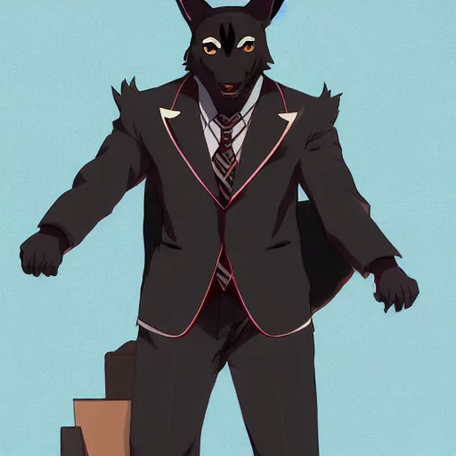 Image similar to key anime visual professional art of a close shot of an anthropomorphic black male wolf anthro furry fursona, wearing a business suit, handsome male eyes, anime office background, official anime still