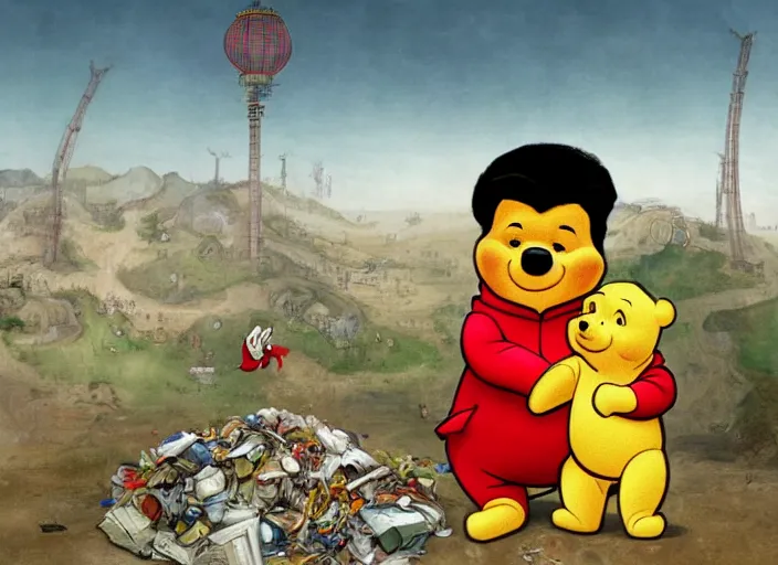 Prompt: portrait of Xi Jinping wearing a Winnie the Pooh onesie in a trashy Chinese dirt poor landfill, hungry, beta weak male, digital painting, concept art, smooth, sharp focus, illustration, from Slumdog Millionaire, by Hieronymus Bosch and Peter Mohrbacher