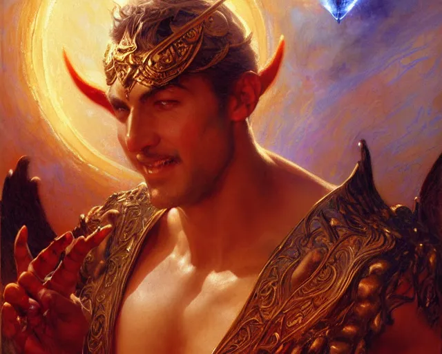 Image similar to attractive male deity, casting demonic magic, summoning handsome lucifer morning star. highly detailed painting by gaston bussiere, craig mullins, j. c. leyendecker 8 k