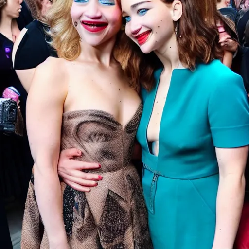 Image similar to a woman who is a genetic combination emilia clarke and jennifer lawrence takes a selfie with a woman who is the genetic combination of emily rudd and taylor swift, medium shot, detailed eyes,