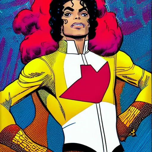 Image similar to dynamic macro head portrait of beautifu michael jackson super hero in white sequined jacket by john romita sr and cory walker and ryan ottley and jack kirby and barry windsor - smith, comic, illustration, photo real