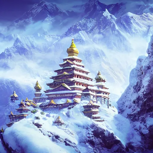 Image similar to snowy peaks, himalayas, buddhist temple, stunning, extraordinary, blizzard, mystical, made in abyss style, detailed, dynamic scene