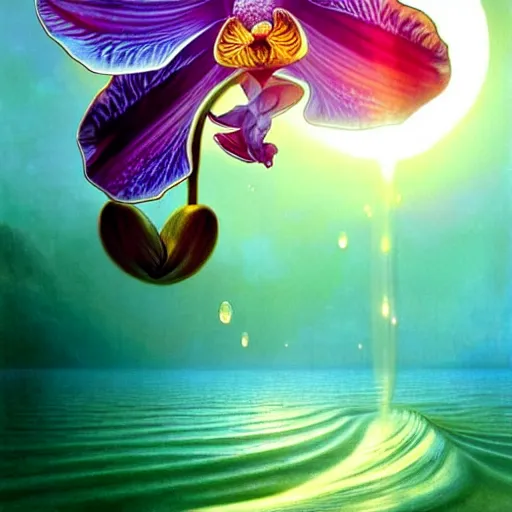 Image similar to detailed giant orchid flower surrounded by ocean wave, lsd water, lsd ripples, transparent droplets, backlit, sunset, refracted lighting, art by collier, albert aublet, krenz cushart, artem demura, alphonse mucha