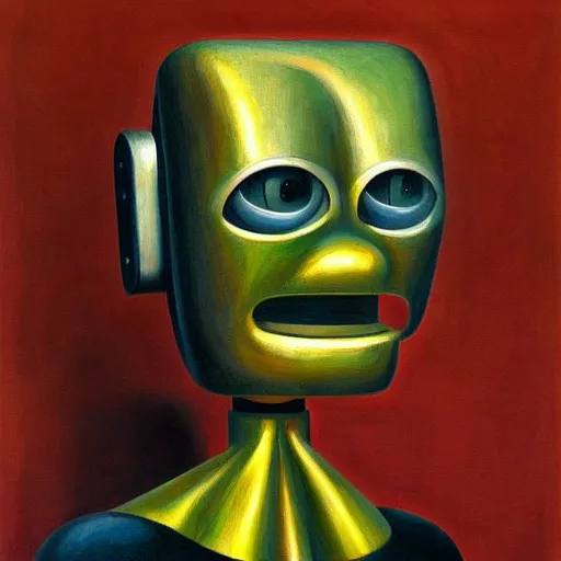 Prompt: crying robot, portrait, visage, dystopian, pj crook, edward hopper, oil on canvas