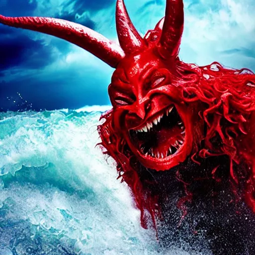 Prompt: a devilish red monster with horns emerging from boiling rough seas, close - up portrait photo by david lachapelle, masterpiece, trending on flickr s - 3 0