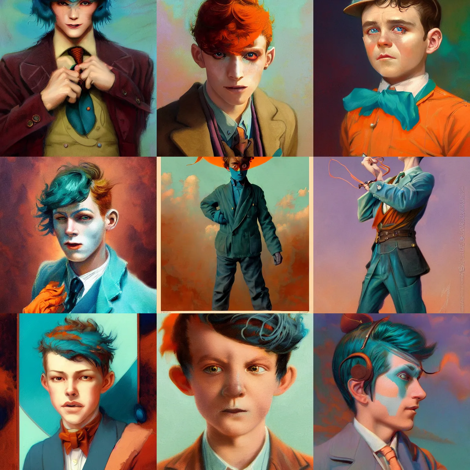 Prompt: beautiful realistic character portrait of a boy hero in the 1 9 2 0 s, wearing 1 9 2 0 s cloth hair, coloured in teal and orange, muted colours, by peter mohrbacher, hajime sorayama, wayne barlowe, boris vallejo, aaron horkey, gaston bussiere, craig mullins