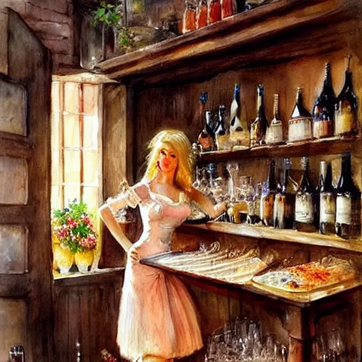 Image similar to beautiful blonde in hot dress in a wine cellar, food, pork, beer, schnapps, rustic, traditional, torches on the wall, watercolor by vladimir volegov, highly detailed, masterpiece, details by carl larsson