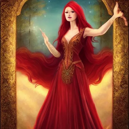 Prompt: Fantastic, fairytale, portrait, painting, beautiful!, female mage, long flowing red hair, light emitting from fingertips, ornate gown, royalty kingdom, royal court