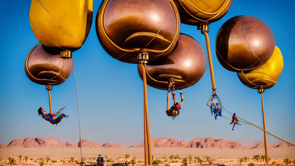 Prompt: large colorful futuristic space age metallic steampunk balloons with pipework and electrical wiring around the outside, and people on rope swings underneath, flying high over the beautiful ancient desert city landscape, professional photography, 8 0 mm telephoto lens, realistic, detailed, photorealistic, photojournalism