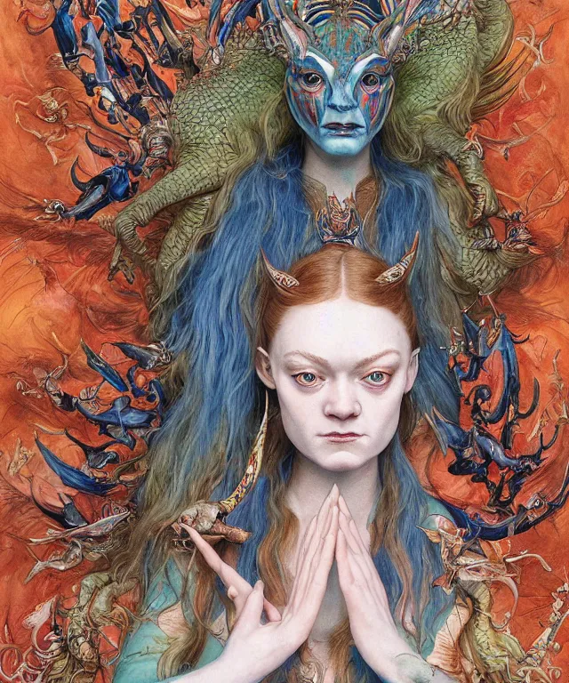 Image similar to a portrait photograph of a meditating fierce sadie sink as a colorful harpy antilope super villian with slimy blue skin with reptilian scales. her body is transforming into an beast. by donato giancola, hans holbein, walton ford, gaston bussiere, peter mohrbacher and brian froud. 8 k, cgsociety, fashion editorial