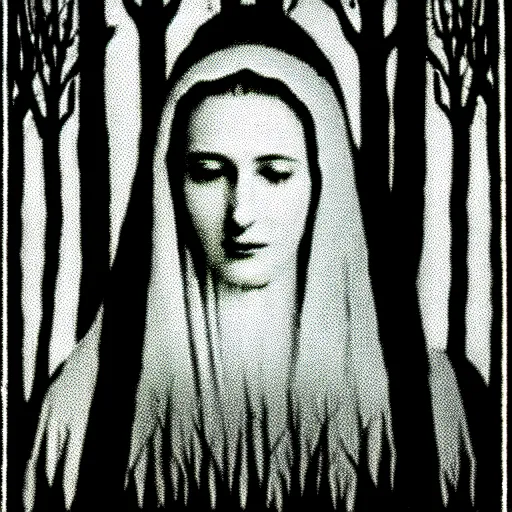 Image similar to marian apparition in forest, high contrast, found footage, vhs, 1 9 9 0, beautiful, highly realistic, highly detailed, vhs noise static, black and white, vhs glitch