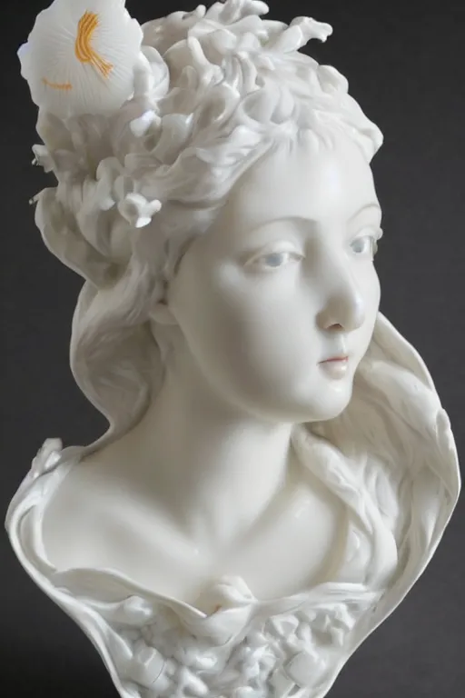 Image similar to full head and shoulders, beautiful female porcelain sculpture, baroque, all white features on a white background, delicate facial features, white eyes, white lashes, detailed white 3 d giant poppies on the head