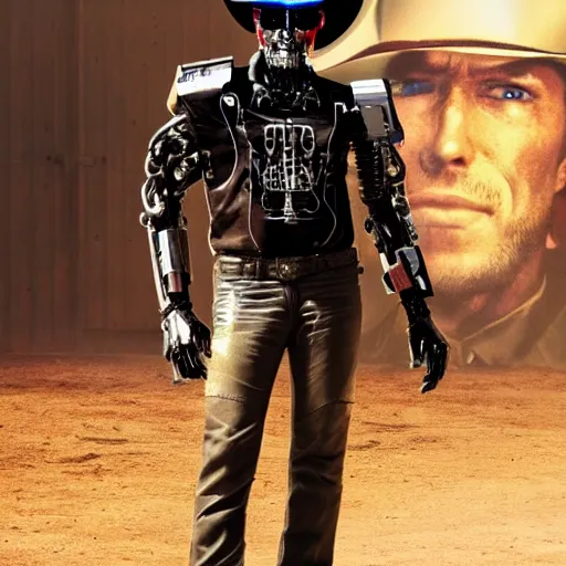 Image similar to a terminator android dressed as a cowboy while mounting a bear, 8 k, movie still, high detail, hyperrealistic, 2 0 7 7, cyberpunk aesthetic