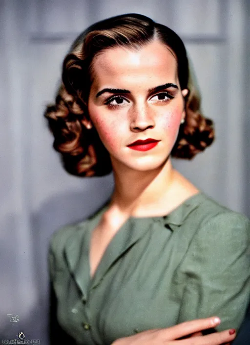 Prompt: Retro color photography 1940s portrait Hollywood headshot of Emma Watson Kodak Gold, 35mm aspherical lens