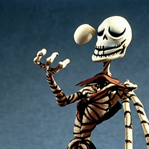 Prompt: jack skeletor in tim burton ’ s nightmare before christmas, stop motion animation