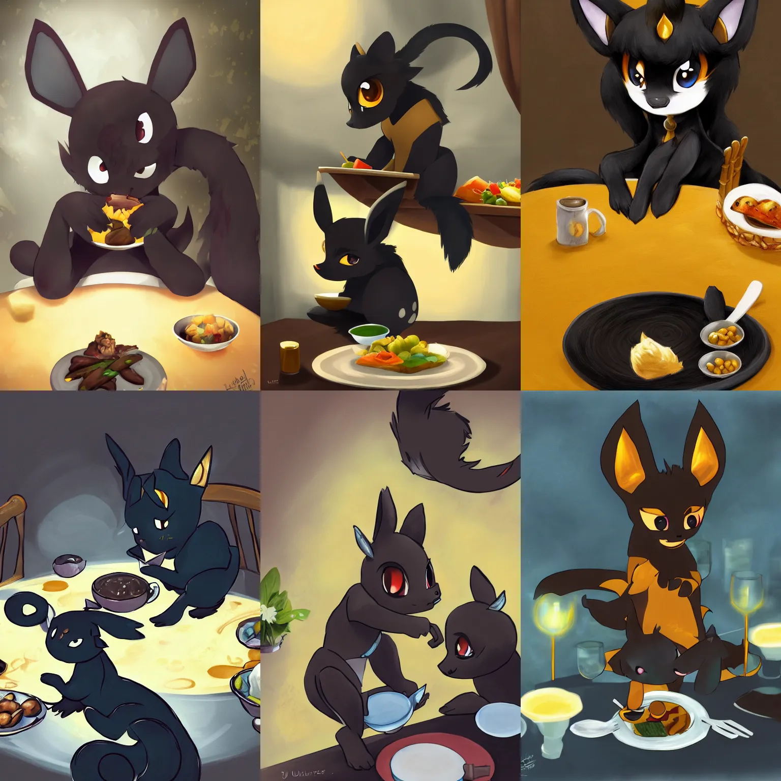 Prompt: umbreon furry character eating dinner at a table speedpaint by juliathedragoncat artstation