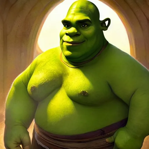 Prompt: handsome shrek is fat, highly detailed, digital painting, artstation, concept art, sharp focus, illustration, art by greg rutkowski and alphonse mucha