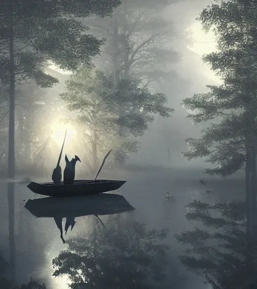 Prompt: three crows in a little boat in a swamp at night, volumetric lighting, fog, majestic light, octane render, ethereal glare of the sun, hyperrealistic, epic, masterpiece, by greg rutkowski