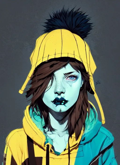 Prompt: highly detailed portrait of a sewer punk lady student, blue eyes, tartan hoody, hat, white hair by atey ghailan, by greg tocchini, by kaethe butcher, gradient yellow, black, brown and cyan color scheme, grunge aesthetic!!! ( ( graffiti tag wall flat colour background ) )