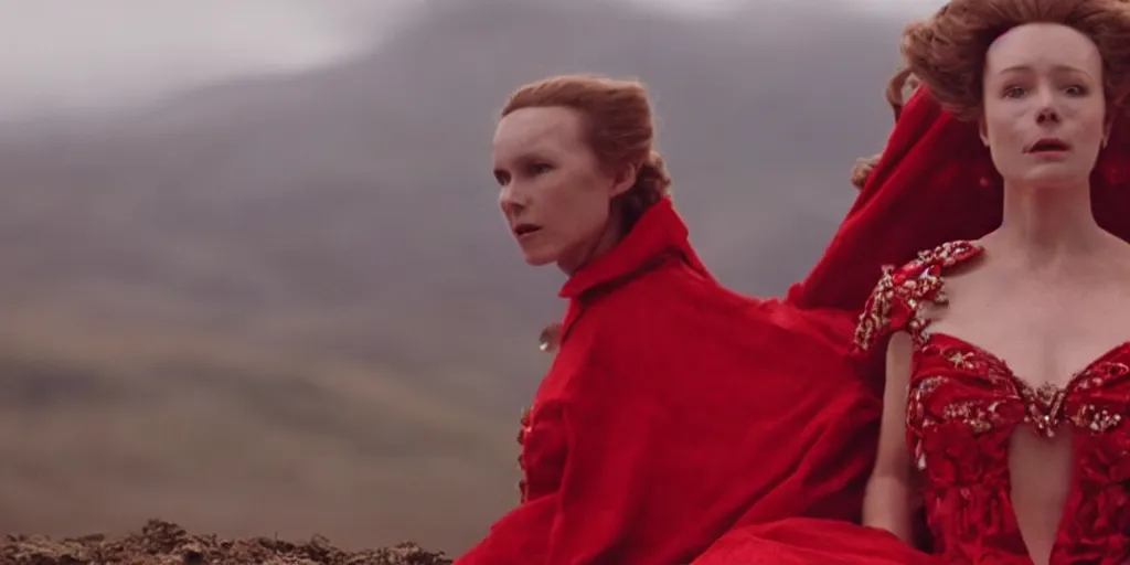 Image similar to film still of closeup a woman in a red dress, sitting on a throne. on a mountain of dead knights. one knight standing on one knee below by emmanuel lubezki