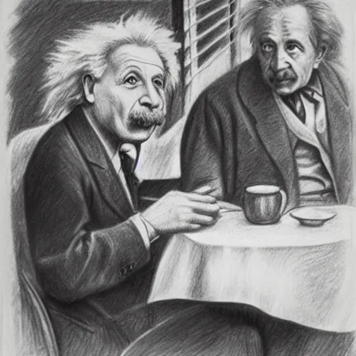 Image similar to Einstein and Tesla sitting at cafe, pencil drawing, ultra detailed