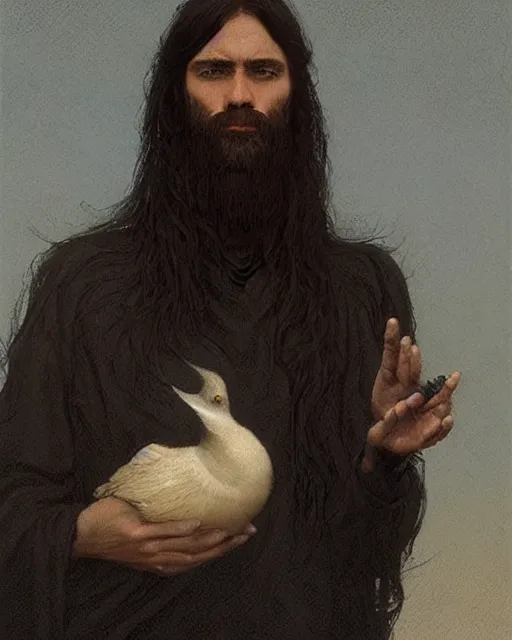 Image similar to portrait of a man with long black hair and beard holding a bird, full moon in the background, fine portrait, beautiful, concept art, by greg rutkowski, by jean delville