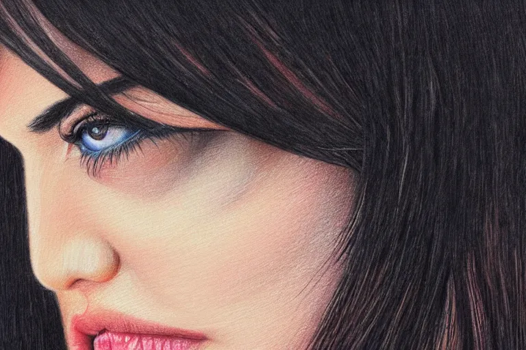 Image similar to inquisitive look in her eyes, Maite Perroni close-up portrait looking straight on, complex artistic color pencil sketch illustration, full detail, gentle shadowing, fully immersive reflections and particle effects, chromatic aberration.