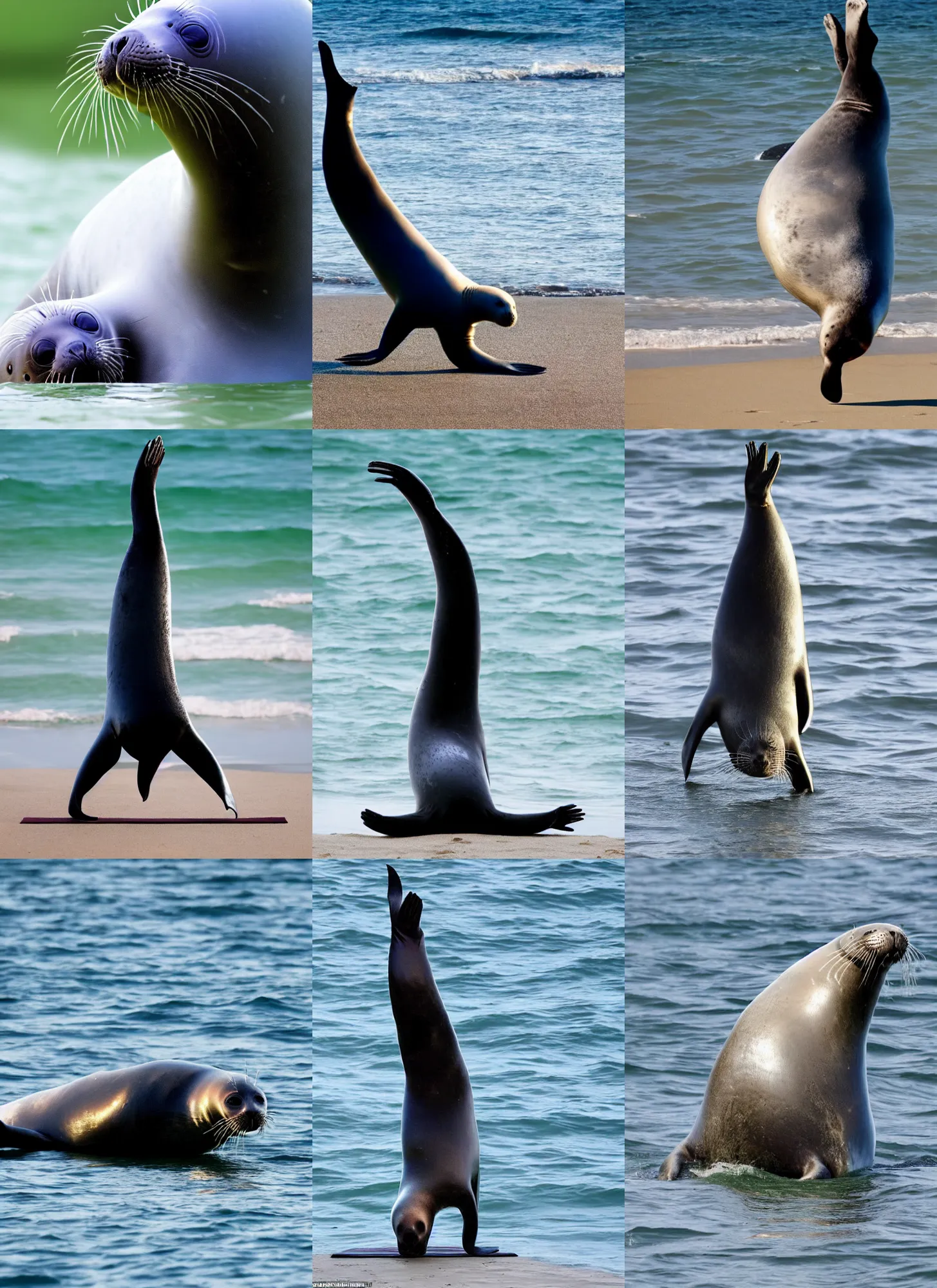 Prompt: a photograph, full body shot of seal doing headstand