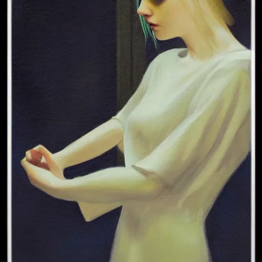 Prompt: Elle Fanning holding hands with a ghost in the world of Edward Hopper, stormy weather, extremely detailed masterpiece, oil on canvas, low-key neon lighting, artstation, Blade Runner 2049, Roger Deakin’s cinematography, by J. C. Leyendecker and Peter Paul Rubens,