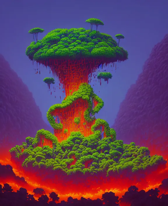 Image similar to simplicity, an simple structure made out of exotic fungus, overgrown with lush floral jungle, partly cloudy, hellscape, hell, fire, brimstone, lava, by dan mumford, yusuke murata, makoto shinkai, ross tran, cinematic, unreal engine, cel shaded, featured on artstation, pixiv