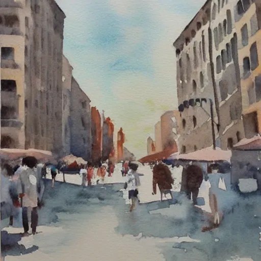 Prompt: big city steet on a hot summer day, watercolor painting, morandi color palette, very beautiful masterpiece by a very talented artist, stunning