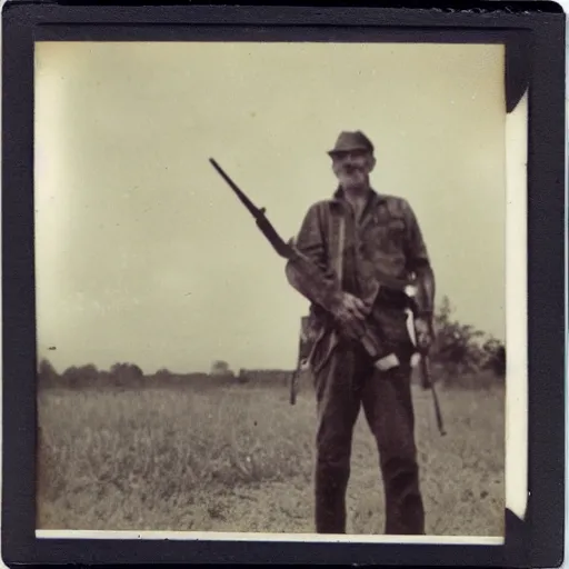 Image similar to old polaroid photo of an old man holding a rifle and standing proudly next to a dinosaur corpse