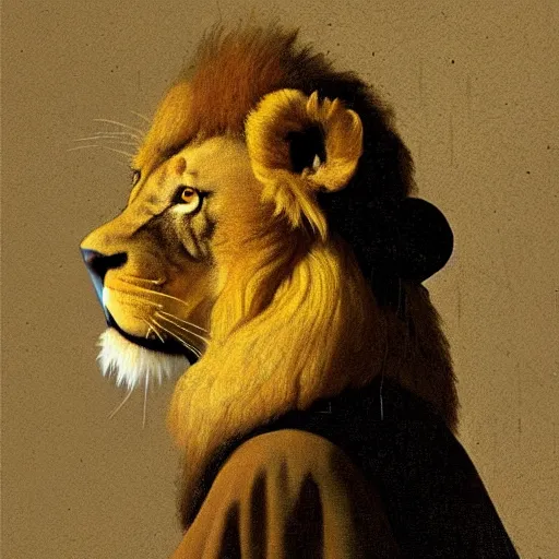 Image similar to johannes vermeer ilustration a lion, characterized by johannes vermeer, character art, sharp focus, highly detailed, artstation