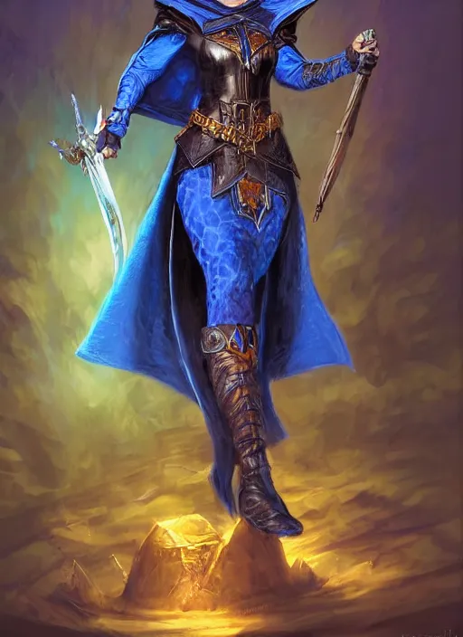 Image similar to dark blue cloak female priest, ultra detailed fantasy, dndbeyond, bright, colourful, realistic, dnd character portrait, full body, pathfinder, pinterest, art by ralph horsley, dnd, rpg, lotr game design fanart by concept art, behance hd, artstation, deviantart, hdr render in unreal engine 5