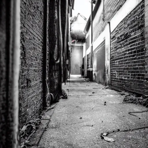 Prompt: creepy monster hiding in alleyway. found footage.