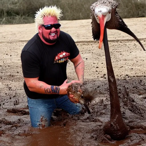 Image similar to guy fieri high mud wrestling an ostrich