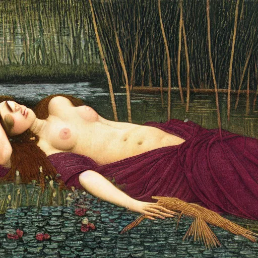 Prompt: ophelia, laying flat submerged in water, close up portrait, under the river amongst the reeds, fully covered in robes and lake foliage, weeds reeds, fully clothed in flowing medieval robes, by leonardo devinci, botticelli, devinci, rosetti and monet, 8 k