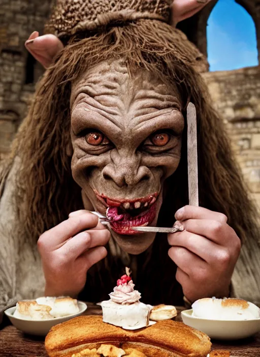 Image similar to closeup portrait of a medieval goblin eating cakes in the cloisters, depth of field, zeiss lens, detailed, symmetrical, centered, fashion photoshoot, by Annie Leibovitz and Steve McCurry, David Lazar, Jimmy Nelsson, Breathtaking, 8k resolution, extremely detailed, beautiful, establishing shot, artistic, hyperrealistic, beautiful face, octane render