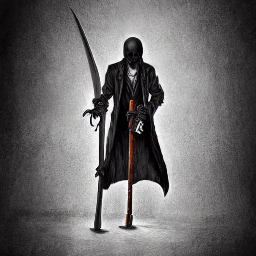 Image similar to surrealism grunge cartoon portrait sketch of the Grim Reaper with a scythe, by michael karcz, loony toons style, freddy krueger style, horror theme, detailed, elegant, intricate