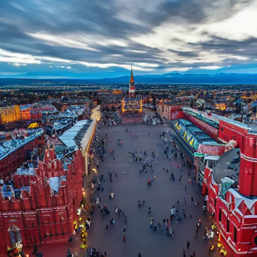 Prompt: drone photo of giant kiwi on red square, super wide shot, 1 2 mm, bokeh