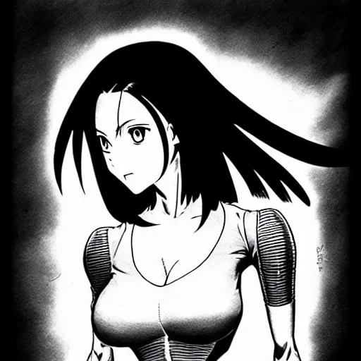 Prompt: alita by yukito kishiro. medium shot. black and white manga. pencil drawing