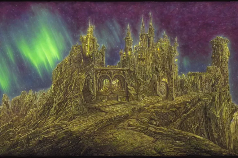 Prompt: highly detailed photoreal eldritch biomechanical castle on a cliff, aurora borealis, psychedelic by alan lee, john howe. ted naismith