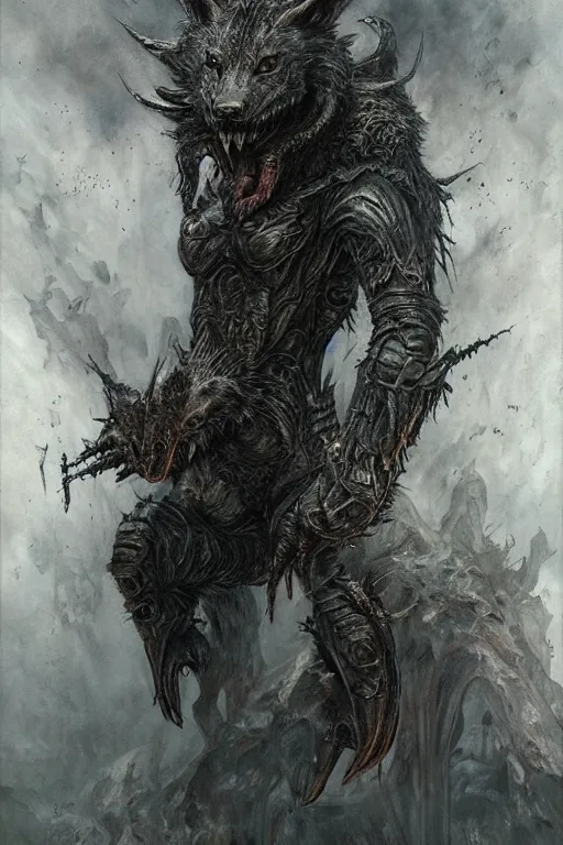 Prompt: portrait of a wolf ork bat hybrid by hr giger, greg rutkowski, luis royo and wayne barlowe as a diablo, resident evil, dark souls, bloodborne monster